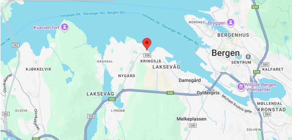 Kartutsnitt som viser adressen: Johan Berentsens vei 63, 5160 Laksevåg